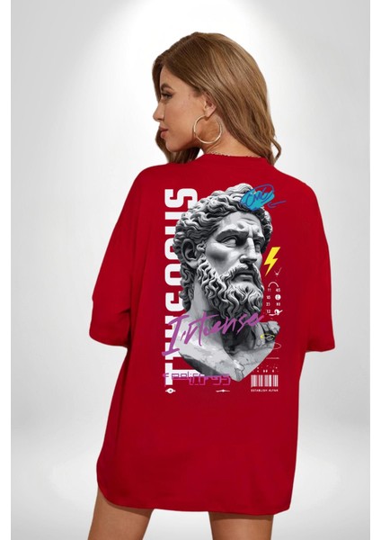 Veni Vidi Vici Yunan Tanrısı Kadın Erkek Ön Minimal Sırt Baskılı Kırmızı Pamuklu Tişört indirimleri