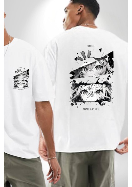 Manga Benim Hayatım Anime Kadın Erkek Ön Minimal Sırt Baskılı Beyaz Pamuklu Tişört fırsatları