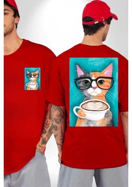 Kahve Içen Gözlüklü Entel Kedi Kadın Erkek Ön Minimal Sırt Baskılı Kırmızı Pamuklu Tişört
