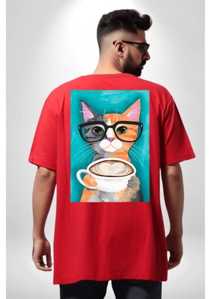 Kahve Içen Gözlüklü Entel Kedi Kadın Erkek Ön Minimal Sırt Baskılı Kırmızı Pamuklu Tişört fiyatları