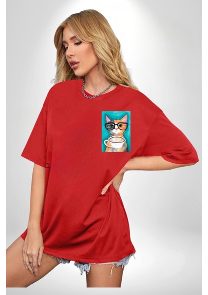 Kahve Içen Gözlüklü Entel Kedi Kadın Erkek Ön Minimal Sırt Baskılı Kırmızı Pamuklu Tişört modelleri
