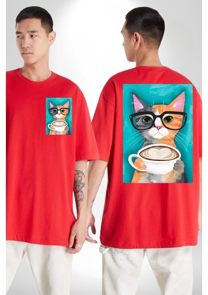 Kahve Içen Gözlüklü Entel Kedi Kadın Erkek Ön Minimal Sırt Baskılı Kırmızı Pamuklu Tişört fırsatları