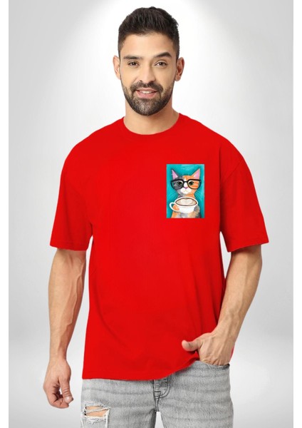 Kahve Içen Gözlüklü Entel Kedi Kadın Erkek Ön Minimal Sırt Baskılı Kırmızı Pamuklu Tişört indirimleri