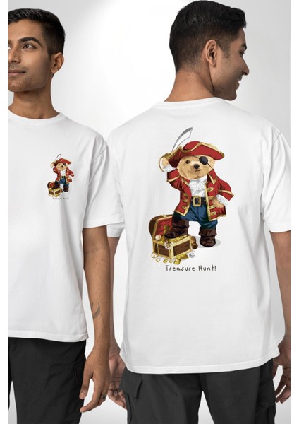Korsan Hazine Oyuncak Tatlı Ayı Kadın Erkek Ön Minimal Sırt Baskılı Beyaz Pamuklu Tişört