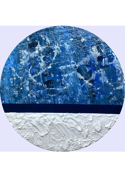 Okyanus Nefesi - Yuvarlak El Yapımı Soyut Tablo | Mavi ve Beyaz Mixed Media