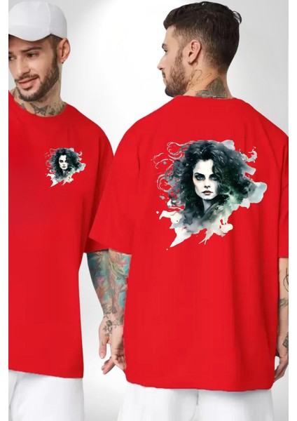 Bellatrix Lestrange Lanetli Cadı Kadın Erkek Ön Minimal Sırt Baskılı Kırmızı Pamuklu Tişört