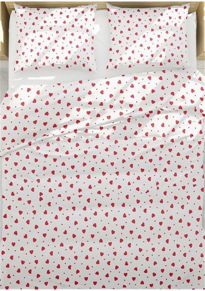 Tek Kişilik Pamuklu Nevresim Takımı Kalp Desenli Beyaz Kırmızı