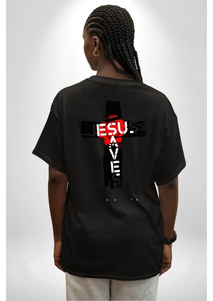 Jesus Saves Hristiyan Haç Kadın Erkek Ön Minimal Sırt Baskılı Siyah Pamuklu Tişört fiyatları