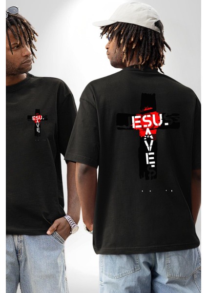 Jesus Saves Hristiyan Haç Kadın Erkek Ön Minimal Sırt Baskılı Siyah Pamuklu Tişört fırsatları