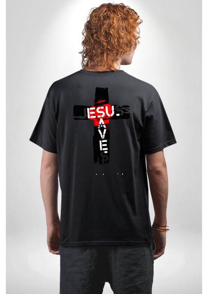 Jesus Saves Hristiyan Haç Kadın Erkek Ön Minimal Sırt Baskılı Siyah Pamuklu Tişört indirimleri