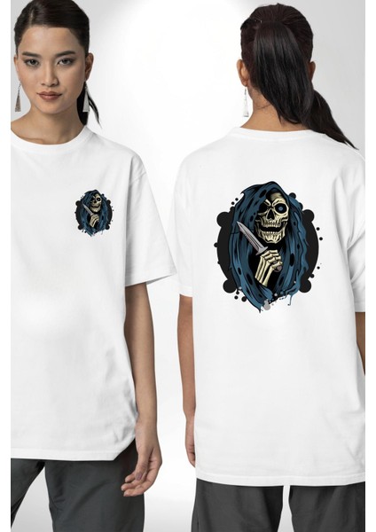 Bıçaklı Azrail Havalı Tasarım Kadın Erkek Ön Minimal Sırt Baskılı Beyaz Pamuklu Tişört