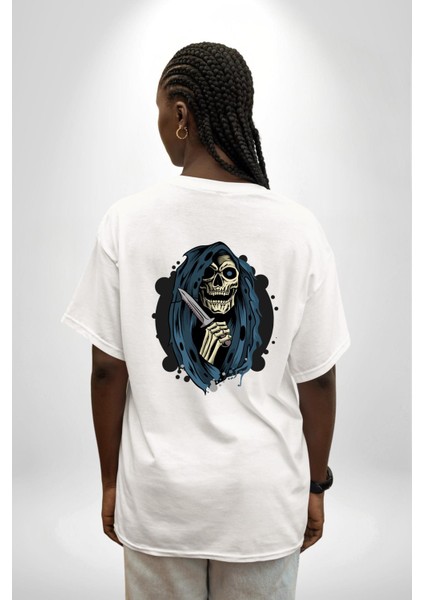 Bıçaklı Azrail Havalı Tasarım Kadın Erkek Ön Minimal Sırt Baskılı Beyaz Pamuklu Tişört fiyatları