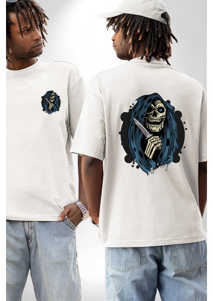 Bıçaklı Azrail Havalı Tasarım Kadın Erkek Ön Minimal Sırt Baskılı Beyaz Pamuklu Tişört fırsatları