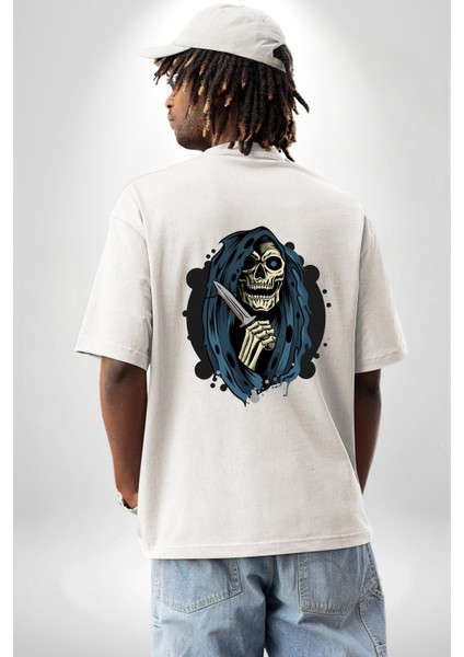 Bıçaklı Azrail Havalı Tasarım Kadın Erkek Ön Minimal Sırt Baskılı Beyaz Pamuklu Tişört indirimleri