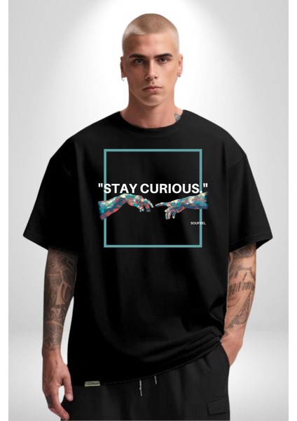 Michelangelo ve Adem Sanat Tablosu Kadın Erkek Ön Baskılı Siyah Pamuklu Tişört Penye Klasik