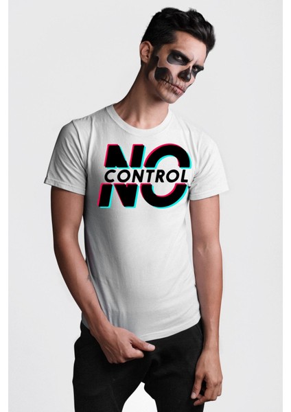 Kontrol Yok Glitch Yazı Kadın Erkek Ön Baskılı Beyaz Pamuklu Tişört Penye Klasik