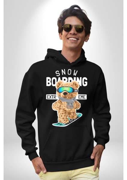 Snowboard Yapan Oyuncak Ayı Kadın Erkek Baskılı Üç Iplik Siyah Kapüşonlu Hodie Sweatshirt modelleri