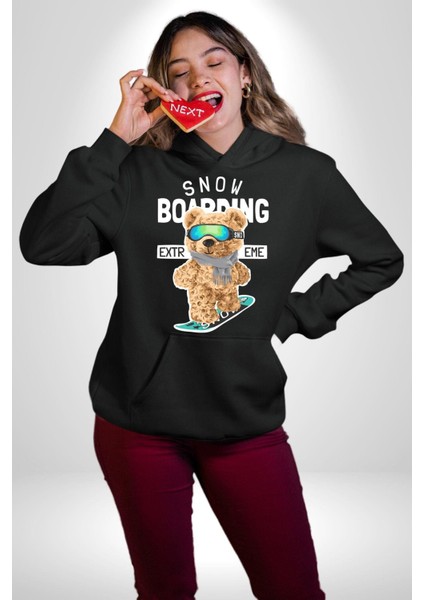 Snowboard Yapan Oyuncak Ayı Kadın Erkek Baskılı Üç Iplik Siyah Kapüşonlu Hodie Sweatshirt fırsatları