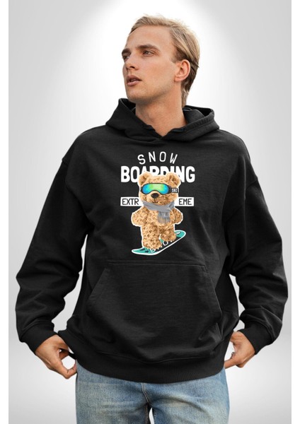 Snowboard Yapan Oyuncak Ayı Kadın Erkek Baskılı Üç Iplik Siyah Kapüşonlu Hodie Sweatshirt indirimleri
