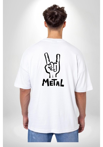 Metal El Hareketi Kadın Erkek Ön Minimal Sırt Baskılı Beyaz Pamuklu Tişört fiyatları