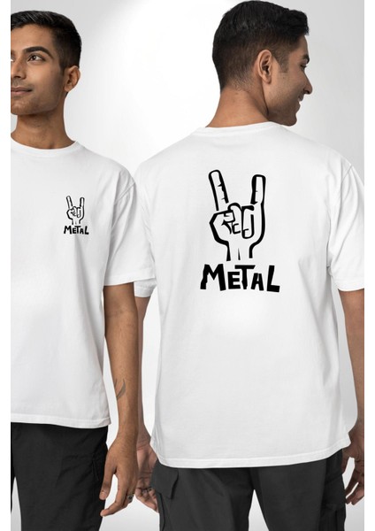 Metal El Hareketi Kadın Erkek Ön Minimal Sırt Baskılı Beyaz Pamuklu Tişört fırsatları