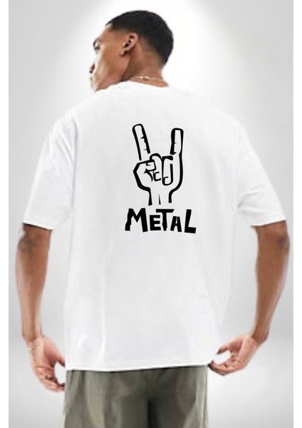 Metal El Hareketi Kadın Erkek Ön Minimal Sırt Baskılı Beyaz Pamuklu Tişört indirimleri