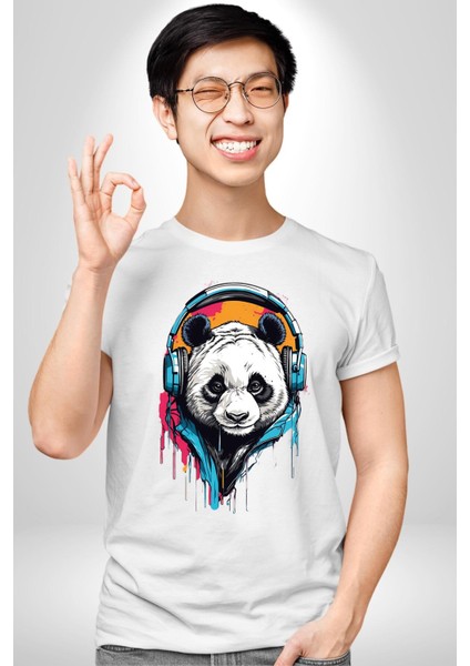 Kulaklıklı Tatlı Havalı Panda Kadın Erkek Ön Baskılı Beyaz Pamuklu Tişört Penye Klasik
