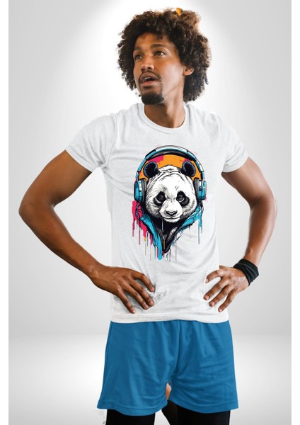 Kulaklıklı Tatlı Havalı Panda Kadın Erkek Ön Baskılı Beyaz Pamuklu Tişört Penye Klasik fiyatları