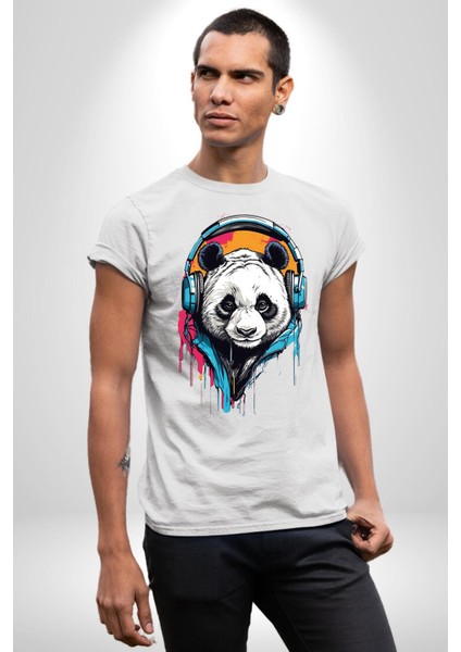 Kulaklıklı Tatlı Havalı Panda Kadın Erkek Ön Baskılı Beyaz Pamuklu Tişört Penye Klasik modelleri