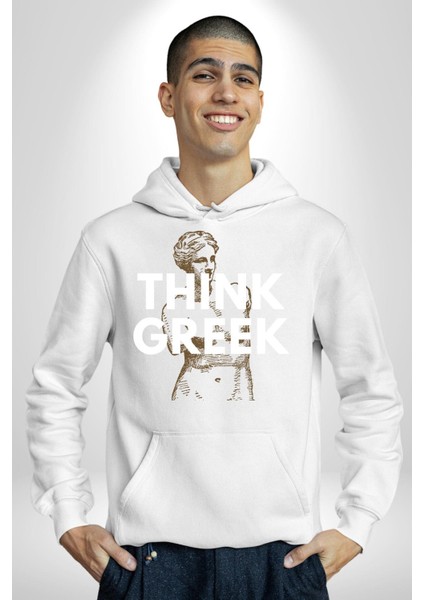 Yunan Gibi Düşün Modern Sanat Kadın Erkek Baskılı Üç Iplik Beyaz Kapüşonlu Hodie Sweatshirt