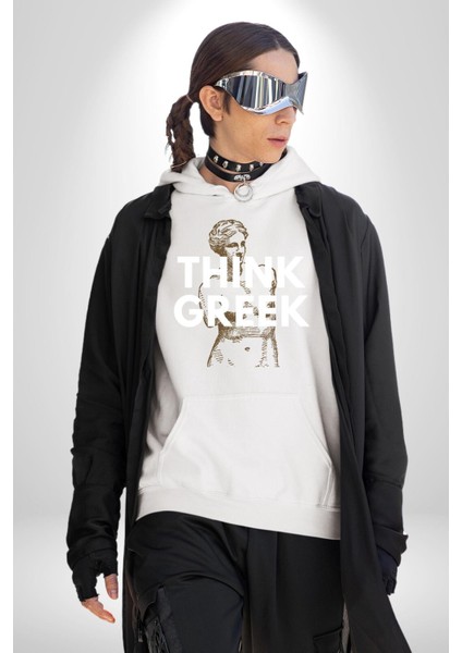 Yunan Gibi Düşün Modern Sanat Kadın Erkek Baskılı Üç Iplik Beyaz Kapüşonlu Hodie Sweatshirt modelleri