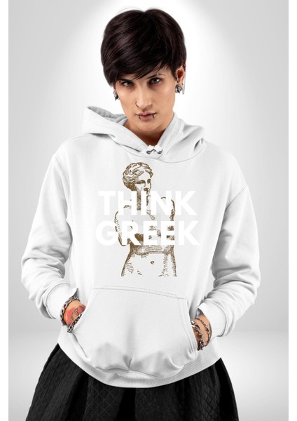 Yunan Gibi Düşün Modern Sanat Kadın Erkek Baskılı Üç Iplik Beyaz Kapüşonlu Hodie Sweatshirt fırsatları