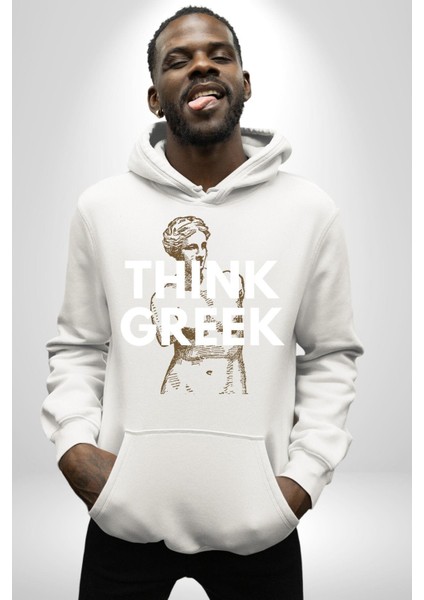 Yunan Gibi Düşün Modern Sanat Kadın Erkek Baskılı Üç Iplik Beyaz Kapüşonlu Hodie Sweatshirt indirimleri