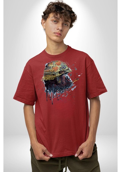 Barış Savaşçısı Goril Kadın Erkek Ön Baskılı Kırmızı Pamuklu Tişört Penye Klasik