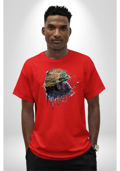 Barış Savaşçısı Goril Kadın Erkek Ön Baskılı Kırmızı Pamuklu Tişört Penye Klasik modelleri