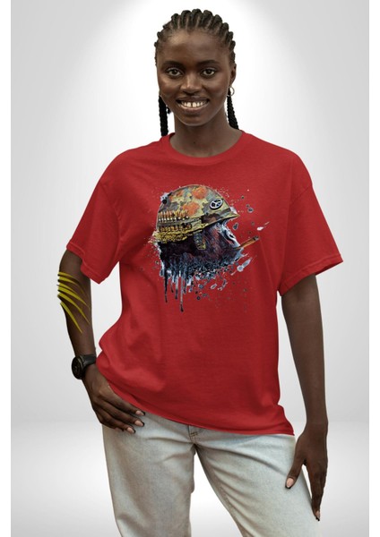 Barış Savaşçısı Goril Kadın Erkek Ön Baskılı Kırmızı Pamuklu Tişört Penye Klasik fırsatları