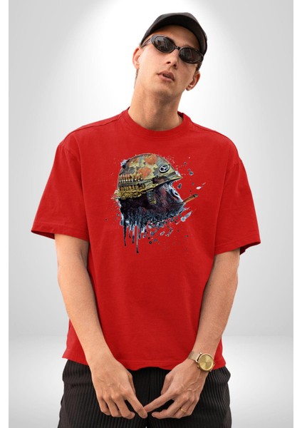 Barış Savaşçısı Goril Kadın Erkek Ön Baskılı Kırmızı Pamuklu Tişört Penye Klasik indirimleri