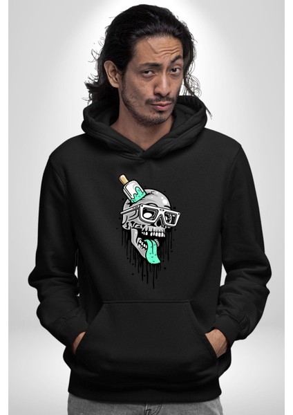 Dondurma Gözlüklü Kurukafa Dil Çıkarmış Kadın Erkek Baskılı Üç Iplik Siyah Kapüşonlu Hodie Sweatshirt