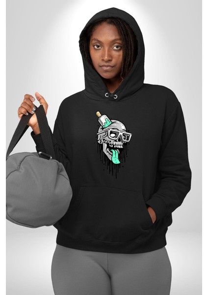 Dondurma Gözlüklü Kurukafa Dil Çıkarmış Kadın Erkek Baskılı Üç Iplik Siyah Kapüşonlu Hodie Sweatshirt fiyatları