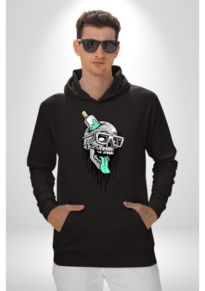 Dondurma Gözlüklü Kurukafa Dil Çıkarmış Kadın Erkek Baskılı Üç Iplik Siyah Kapüşonlu Hodie Sweatshirt indirimleri