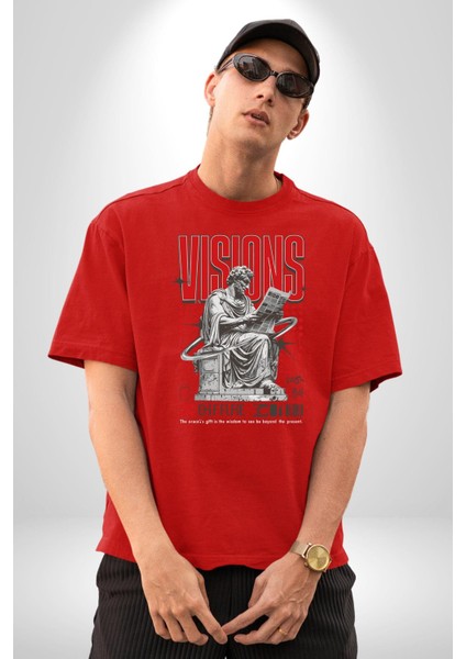 Haber Okuyan Romalı Insan Vizyon Kadın Erkek Ön Baskılı Kırmızı Pamuklu Tişört Penye Klasik