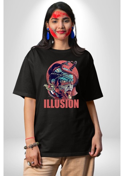 Ilüzyon Yılan Katana Samuray Kadın Erkek Ön Baskılı Siyah Pamuklu Tişört Penye Klasik