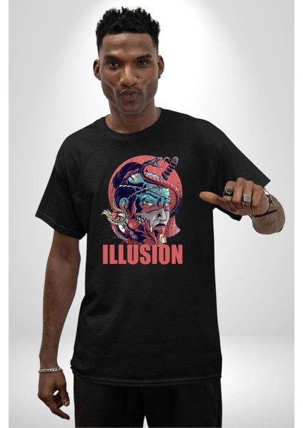 Ilüzyon Yılan Katana Samuray Kadın Erkek Ön Baskılı Siyah Pamuklu Tişört Penye Klasik modelleri