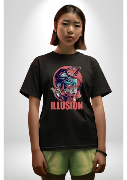Ilüzyon Yılan Katana Samuray Kadın Erkek Ön Baskılı Siyah Pamuklu Tişört Penye Klasik fırsatları