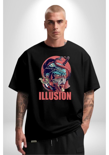 Ilüzyon Yılan Katana Samuray Kadın Erkek Ön Baskılı Siyah Pamuklu Tişört Penye Klasik indirimleri