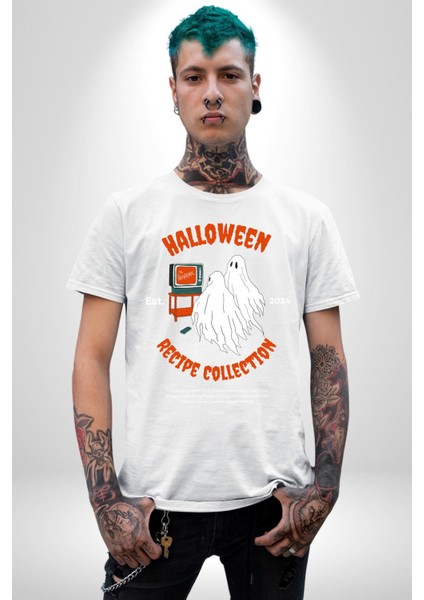 Cadılar Bayramı Tarifi Koleksiyonu Kadın Erkek Ön Baskılı Beyaz Pamuklu Tişört Penye Klasik