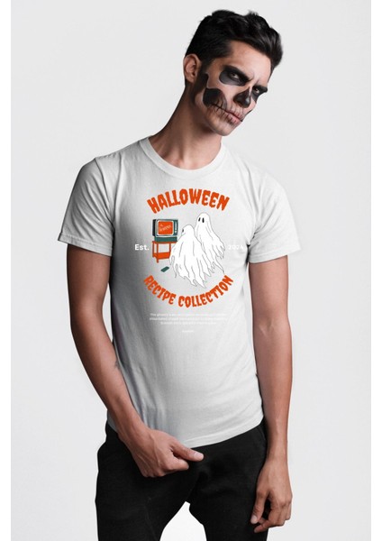 Cadılar Bayramı Tarifi Koleksiyonu Kadın Erkek Ön Baskılı Beyaz Pamuklu Tişört Penye Klasik fiyatları