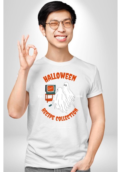 Cadılar Bayramı Tarifi Koleksiyonu Kadın Erkek Ön Baskılı Beyaz Pamuklu Tişört Penye Klasik modelleri