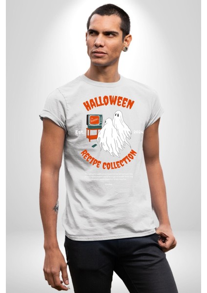 Cadılar Bayramı Tarifi Koleksiyonu Kadın Erkek Ön Baskılı Beyaz Pamuklu Tişört Penye Klasik indirimleri