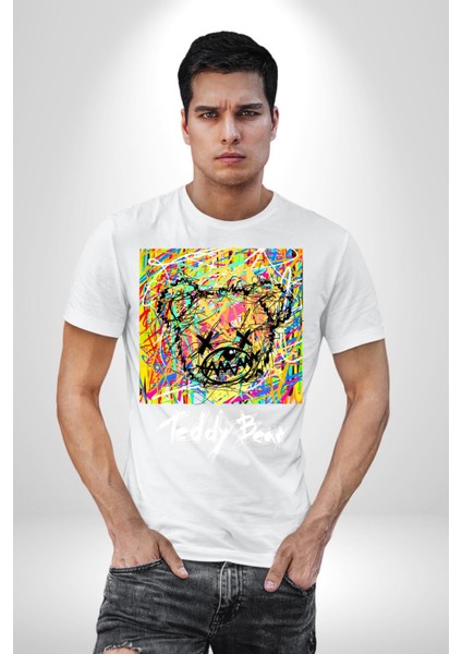 Sanatsal Teddy Ayı Kadın Erkek Ön Baskılı Beyaz Pamuklu Tişört Penye Klasik fırsatları